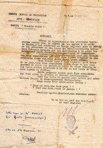 lettre de menace reçue par Mme Fanet, résistante à Belfort